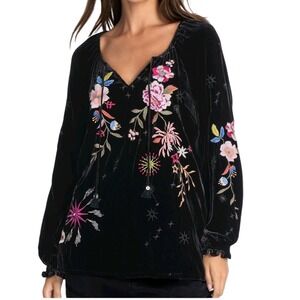 Johnny Was Velvet Embroidered Peasant Blouse Black Floral Starburst XS